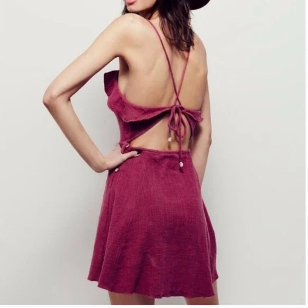 Free People "More Than A Mini Dress" Sz XS  Cotton Tie- Back Halter Mini Dress